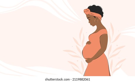 Banner about pregnancy and motherhood with place for text. Pregnant african woman, future mom hugging belly with arms. Vector illustration.