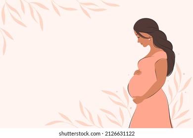 Banner about pregnancy and motherhood with place for text. Pregnant woman, future mom hugging belly with arms. Vector illustration.
