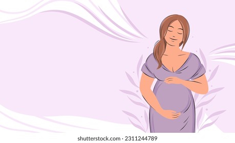 Banner about pregnancy and motherhood with place for text. Pregnant woman, future mom hugging belly with arms. Vector illustration.