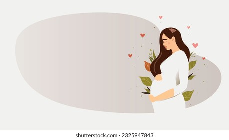 Banner about pregnancy and motherhood with place for text. Pretty pregnant woman with long hair on the background of green leaves.Pregnancy banner.  Happy Mother's Day. Flat vector illustration.