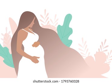 Banner about pregnancy and motherhood. Poster with a beautiful young pregnant woman with long hair .Minimalistic design.Vector illustration