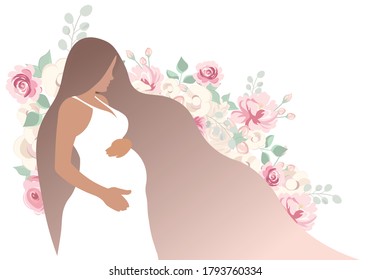 Banner about pregnancy and motherhood. Poster with a beautiful young pregnant woman with long hair .Minimalistic design.Vector illustration