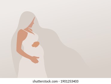 Banner about pregnancy and motherhood. Poster with a beautiful young pregnant woman with long hair .Minimalistic design.Vector illustration