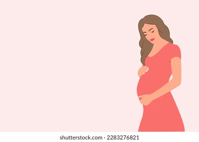 Banner about pregnancy with place for text. Pregnant woman, expectant mother hugs her belly with her hands.