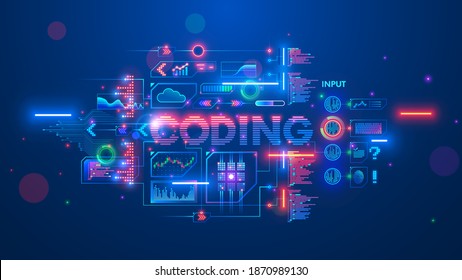 Banner about Programming or coding course neural network and artificial intelligence or AI online on computer languages. Software develop technology learning. Creation code process on distance lesson.