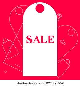 A banner about the sale with a bright background. The title is written in bright red color about discounts on the tag, label. For the design of the marketing concept of goods and services.