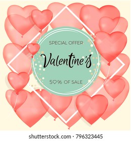 Banner about sales and discounts. Valentine's Day. Red inflatable balls. Vector illustration of a banner banner. Wallpaper, flyer, invitation to the store, poster, discount voucher, festive invitation