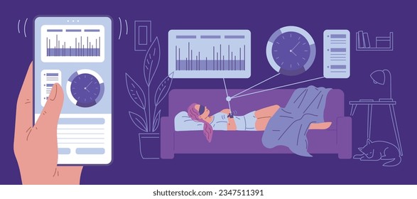 Banner about sleep tracker using flat style, vector illustration on purple background. Sleeping woman with smart bracelet on hand, measurement. Hand holding smartphone with app about sleep