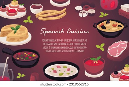 Banner about Spanish cuisine flat style, vector illustration. Various Spanish food, traditional dishes, decorative design with place for text. Paella, churros dessert, tapas and gazpacho