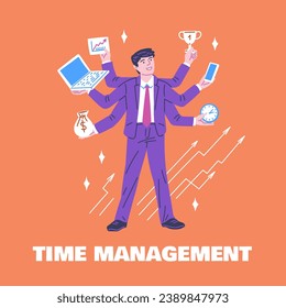 Cartel sobre el estilo plano de gestión del tiempo, ilustración vectorial aislada en fondo naranja. Diseño decorativo con hombre sonriente con muchas manos, multitarea, trabajo y éxito
