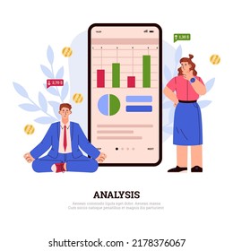 Banner about trading analysis flat style, vector illustration isolated on white background. Man and woman trader characters with huge mobile phone with diagrams, coins and arrows
