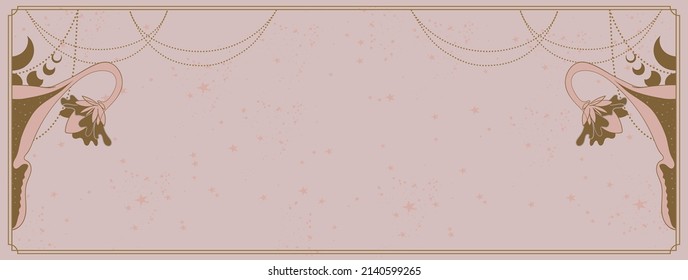 Banner about women s health and intimate life, a female uterus with flowering ovaries on a pink background with a place for text, mystical and mysterious female power. Flat vector illustration vintage