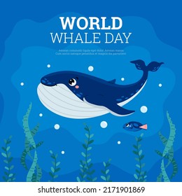 Banner about world whale day flat style, vector illustration. Cartoon smiling whale and fish with pink cheeks swimming underwater, seaweed and bubbles, place for text