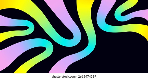 Banner with abstract 3d rainbow curve smooth dynamic line, neon gradient pattern. Abstract poster with empty text box, swirled colored ribbon shape on black background. Vector EPS10 1920, 1080