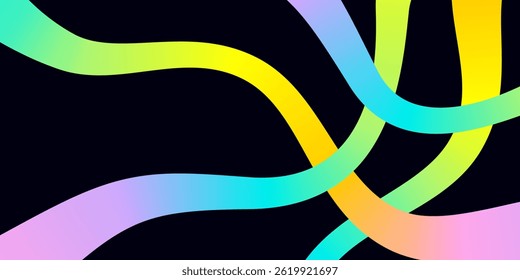 Banner with abstract 3d rainbow curve smooth line, neon gradient pattern. Backdrop with empty text box, swirled colored ribbon shape, thread weave on black background. Vector EPS10 1920, 1080