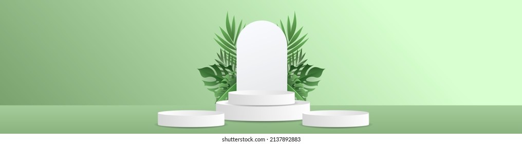 Pancarta Resumen de fondo para la presentación de productos podios blancos y fondo curvo Hojas redondeadas y tropicales sobre fondo verde con espacio de copia , ilustración 3d Vector EPS 10
