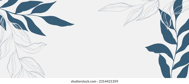 Banner de fondo abstracto estilo boho con mano de hoja azul dibujada. Ilustración del vector