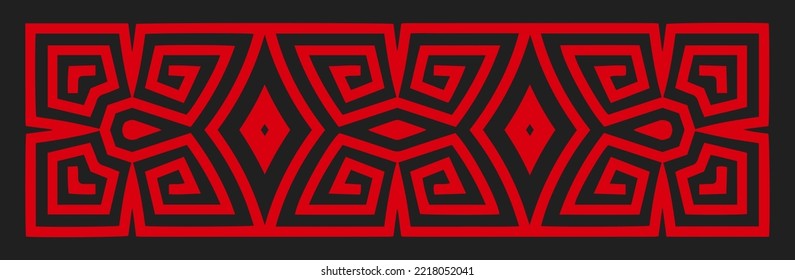 Banner, diseño abstracto de portada. Dibujo rojo 3D grabado sobre un fondo negro, textura geométrica, papel de prensa. Ornamento griego de serpenteo, estilo boho para sitio web, presentación.