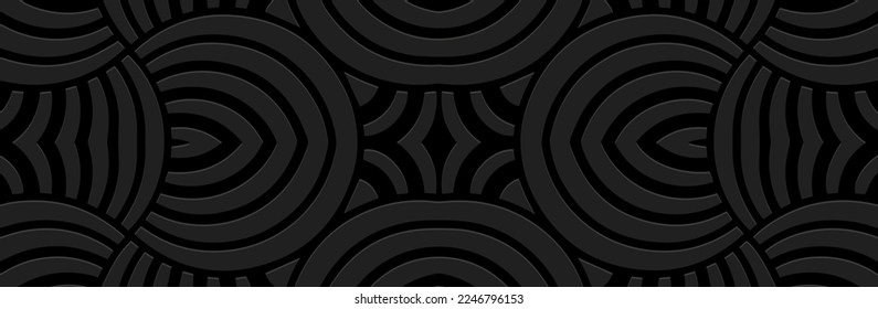 Banner, abstract cover design. Embossed geometric 3d pattern on a black background, paper press, art deco. Tribal ethnic traditions, ornaments with handmade elements, texture in boho style.