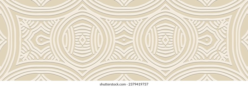 Banner, diseño abstracto de portada. Patrón 3D geométrico de la etnia tribal emboscada en un fondo claro. Hecho a mano, minimalismo, boho. Motivos de Oriente, Asia, India, México, Azteca, Perú en estilo vintage.