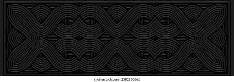 Banner, abstract cover design. Embossed ethnic tribal geometric vintage 3D pattern on black background. Handmade, minimalism, boho. Old motifs of the East, Asia, India, Mexico, Aztec, Peru.