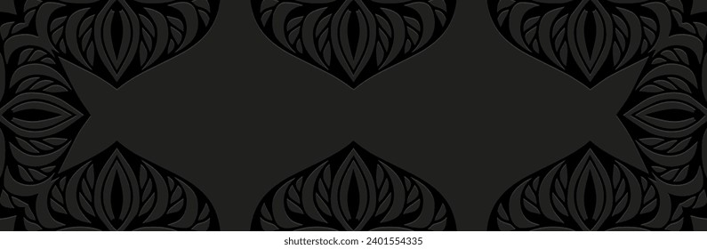 Banner, abstract cover design. Embossed ethnic tribal geometric 3D pattern on black background. Motifs of the peoples of the East, Asia, India, Mexico, Aztec, Peru. Boho style.
