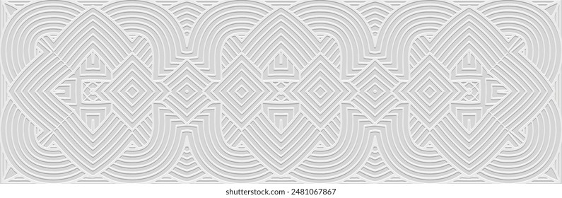 Anuncio, diseño abstracto de la cubierta. Patrón 3D étnico geométrico de relieve sobre un fondo blanco hecho de líneas. Adornos, arabescos, hechos a mano. Art Deco, tradiciones de Oriente, Asia, India, México, Azteca