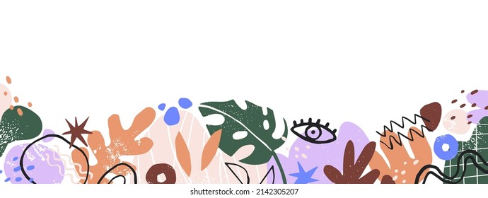 Banner with abstract doodle shapes border. Modern creative background with trendy elements, decoration. Minimal backdrop design with cute organic geometry. Flat vector illustration isolated on white