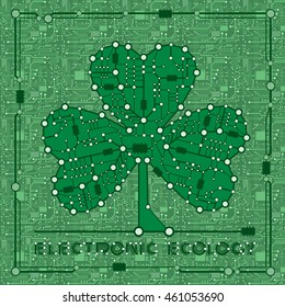 banner from abstract drawing in form shamrock clover with elements computer and motherboard for holiday st patrickâ??s day