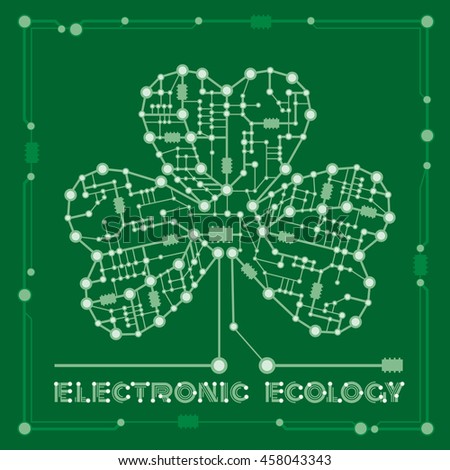 banner from abstract drawing in form shamrock clover with elements computer and motherboard for holiday st patrickâ??s day