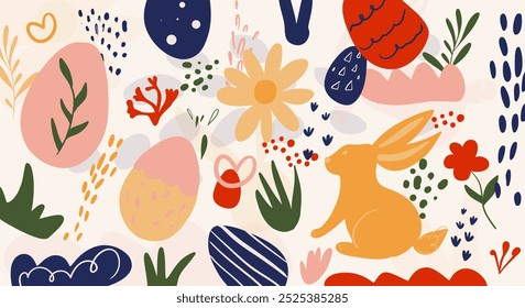 Anuncio de Elementos abstractos para Pascua dibujados a mano en estilo doodle, conejito, huevos, flores, rama, huellas, manchas. Estilo de Vector plano simple