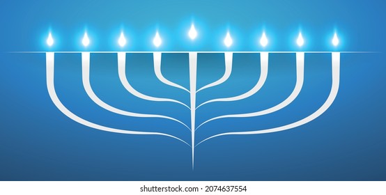 Banner with abstract Hanukkiah design, with nine lighted flames over blue background.