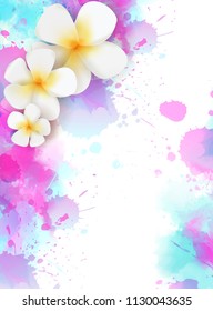 Banner with abstract watercolor splashes and tropical frangipani flowers. Travel concept background. Blue and pink colored.
