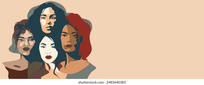 Banner abstraction women of different skin colors, cultures and nationalities for International Women's Day, Mother's Day. Concept of the movement for gender equality and women's empowerment