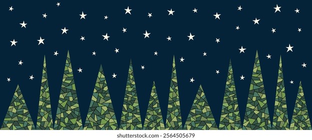 Banner with abstrakt fir trees in front of a starry sky.