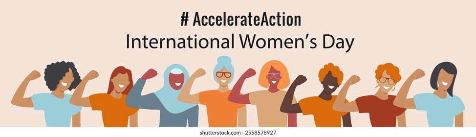 Banner Accelerateaction. International Women's Day 2025. Women in  pose of accelerate action. Vector illustration in flat style