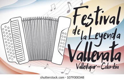 Banner with an accordion playing a beautiful melody for traditional Vallenato Legend Festival (written in Spanish) celebrated in Valledupar, Colombia.