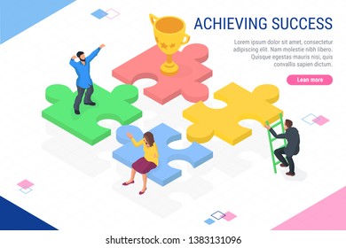 Banner achieving success. Flat isometric images of business people. Can be used for infographics, web banners. A puzzle isometric