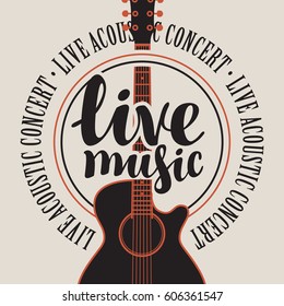 banner with acoustic guitar, inscription live music and the words music festival, written around