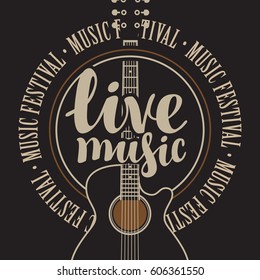 banner with acoustic guitar, inscription live music and the words music festival, written around