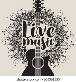 banner with acoustic guitar and inscription live music on arts background