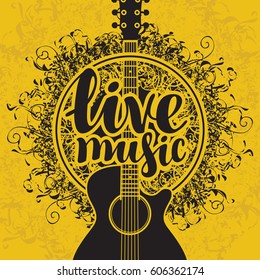 Banner With Acoustic Guitar And Inscription Live Music On Arts Background