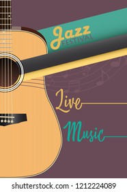 Banner with an acoustic guitar. Live jazz music festival