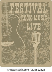 banner with an acoustic guitar and microphone on a grunge background