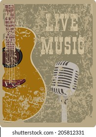 banner with an acoustic guitar and microphone on a grunge background