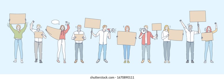 Banner, actitivist, meeting manifestation, protest set concept. Collection of young people men, women activists students teenagers holding banners, mouthpieces. Street demonstration. Simple vector