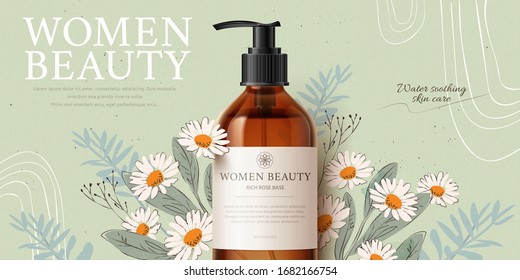 Banner Ad For Herbal Cleansing Product Mock-up, With Romantic Hand-drawn Chamomile And Leaves On Tea Green Background, 3d Illustration