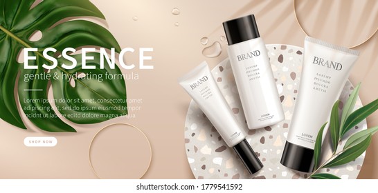 Banner ad for luxury beauty products, top view of cosmetic mock-ups set on terrazo disk with leaves and rings, 3d illustration