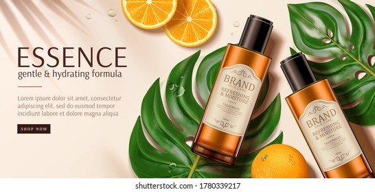Banner ad for luxury beauty products, top view of cosmetic mock-ups set on monstera leaves with sliced tangerine, 3d illustration