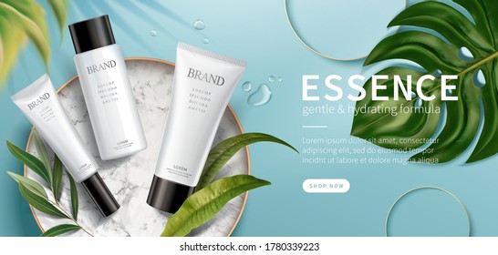 Banner ad for luxury beauty products, top view of cosmetic mock-ups set on marble disk with natural leaves, 3d illustration